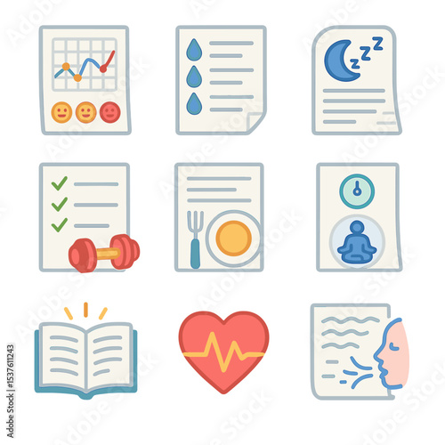 Wellness Journal Icons. Isometric Flat icon set of wellness journaling prompts: mood tracker chart, water intake log, sleep