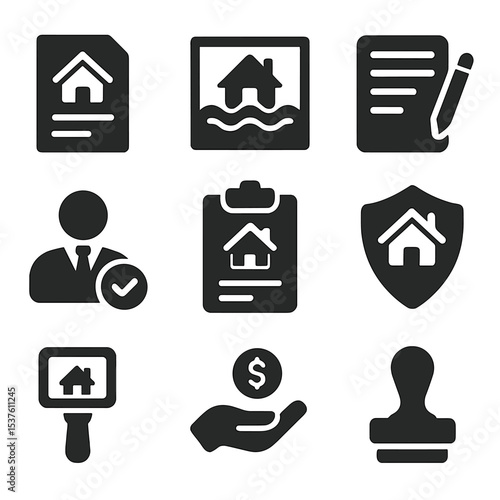 Home Insurance Icons. Solid, filled icons set of home insurance and water damage claims: policy document,