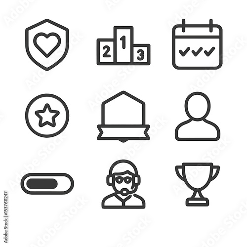 Wellness Icon Set. Outline icon set of wellness gamification: health badge, leaderboard podium, daily streak calendar, reward coin