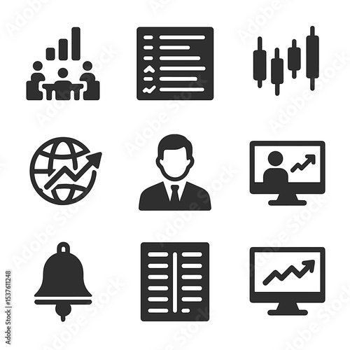 Stock Exchange Icons. Solid, filled icons set of major stock exchanges: trading floor, ticker board,