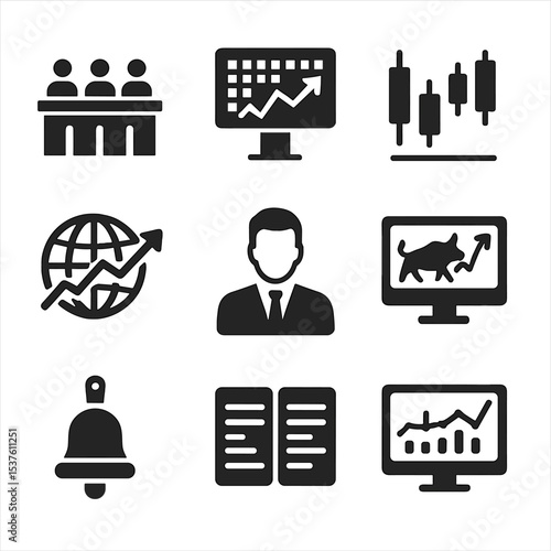 Stock Exchange Icons. Solid, filled icons set of major stock exchanges: trading floor, ticker board,