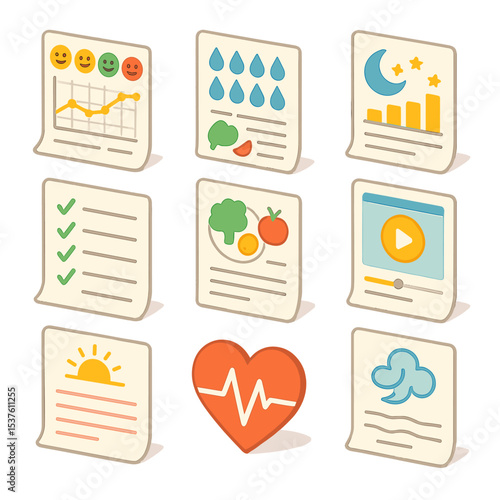 Wellness Journal Icons. Isometric Flat icon set of wellness journaling prompts: mood tracker chart, water intake log, sleep