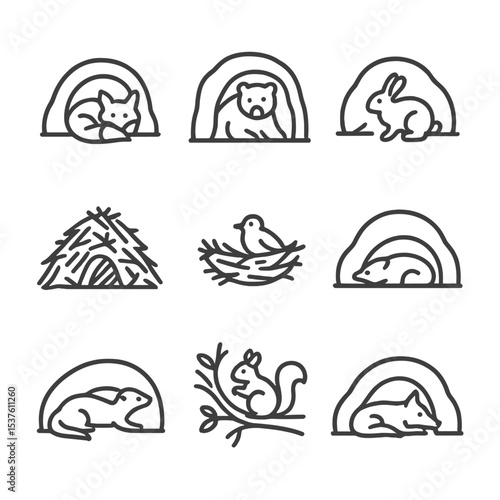 Wildlife Dens Icons. Outline icon set of wildlife dens: fox hole, bear cave, rabbit warren, beaver lodge, bird nest, badger sett,