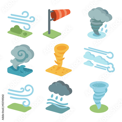 Wind Phenomena Icons. Isometric Flat icon set of wind phenomena: breeze, gale, tornado, hurricane, dust devil, wind shear, gust,