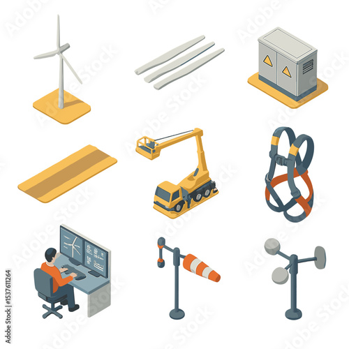 Wind Energy Icons. Isometric Flat icon set of wind turbines in golden field: wind turbine tower, blade set, transformer box,