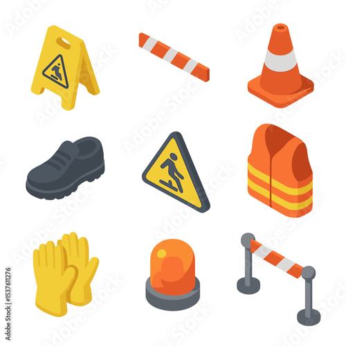 Wet Floor Safety Icons. Isometric Flat icon set of Wet Floor Safety Precautions: caution wet floor sign, barrier tape, safety cone