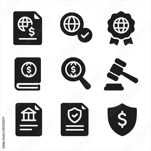 Global Finance Icons. Solid, filled icons set of global financial regulations: legal document, compliance