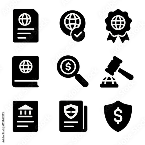 Global Finance Icons. Solid, filled icons set of global financial regulations: legal document, compliance