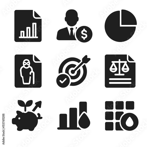 Wealth Management Icons. Solid, filled icons set of wealth management services: portfolio file, financial