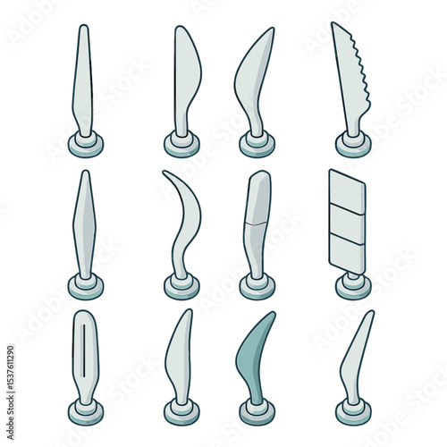 Windmill Blade Icons. Isometric Flat icon set of windmill blade designs: straight blade, curved blade, serrated edge blade,