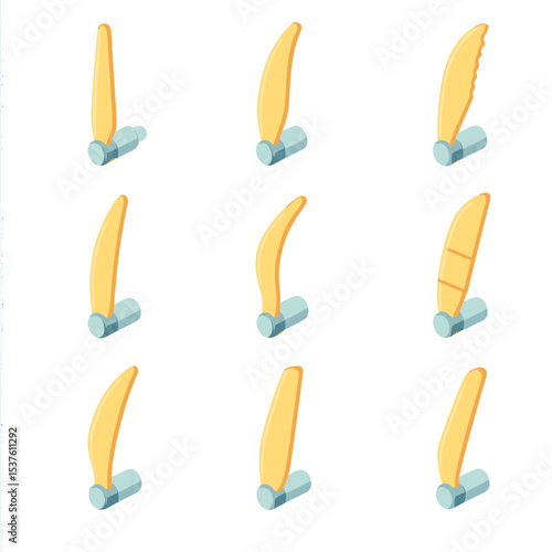 Windmill Blade Icons. Isometric Flat icon set of windmill blade designs: straight blade, curved blade, serrated edge blade,