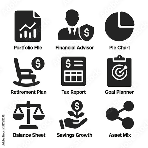 Wealth Management Icons. Solid, filled icons set of wealth management services: portfolio file, financial