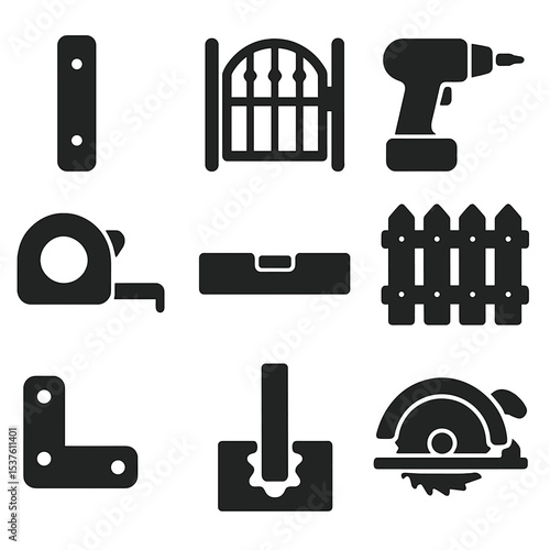 Fencing Tools Icons. Solid, filled icons set of fencers installing fences and gates: wooden post, metal gate,