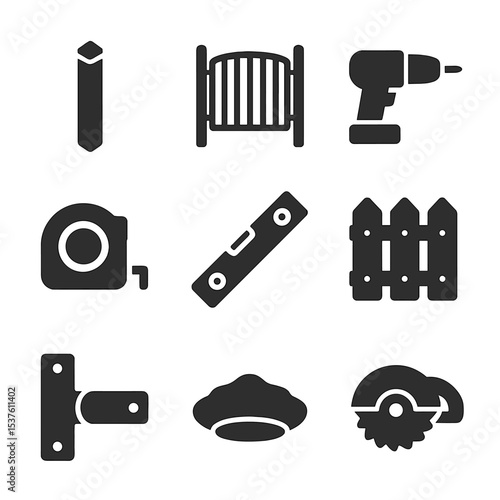 Fencing Tools Icons. Solid, filled icons set of fencers installing fences and gates: wooden post, metal gate,