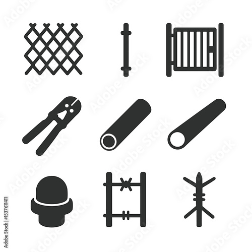 Metal Fences Icons. Solid, filled icons set of metal and chain-link fences: chain mesh, tension wire, steel