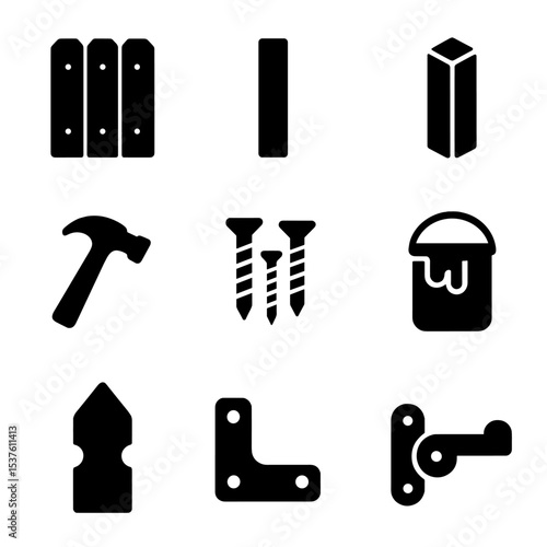 Wooden Fence Icons. Solid, filled icons set of wooden fence construction: cedar panel, fence slat, treated