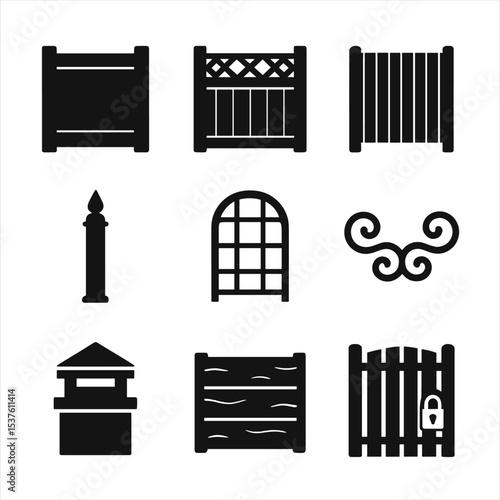 Privacy Fencing Icons. Solid, filled icons set of privacy and decorative fencing: vinyl panel, lattice top,