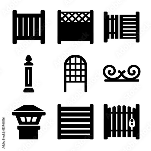 Privacy Fencing Icons. Solid, filled icons set of privacy and decorative fencing: vinyl panel, lattice top,