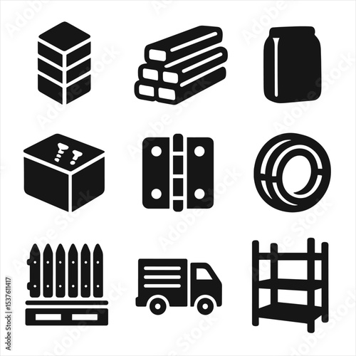 Fencing Material Icons. Solid, filled icons set of fencing materials and supply: post stack, lumber pile,
