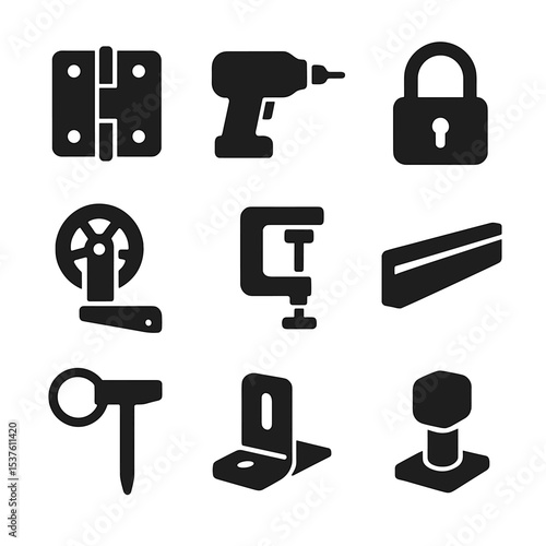 Gate Hardware Icons. Solid, filled icons set of gate installation tools and hardware: gate hinge, screw gun,