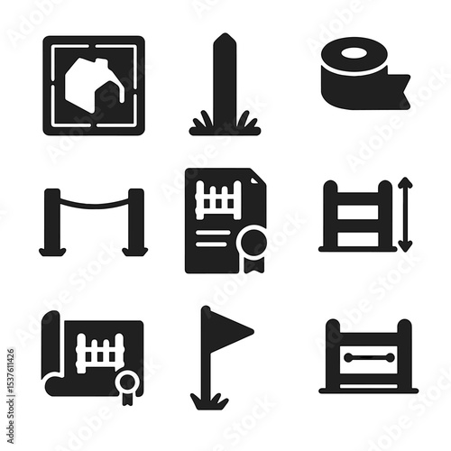 Fencing Planning Icons. Solid, filled icons set of fencing layout and planning: property map, boundary marker,