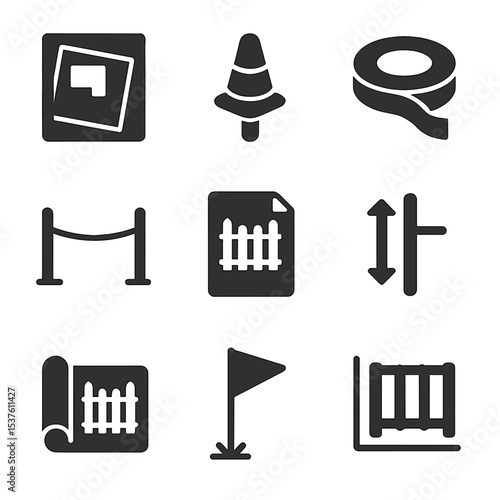 Fencing Planning Icons. Solid, filled icons set of fencing layout and planning: property map, boundary marker,