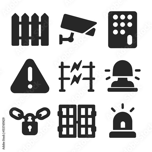 Security Icons Grid. Solid, filled icons set of security and perimeter fencing: high fence, security camera,
