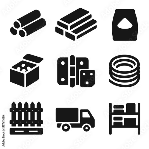 Fencing Material Icons. Solid, filled icons set of fencing materials and supply: post stack, lumber pile,