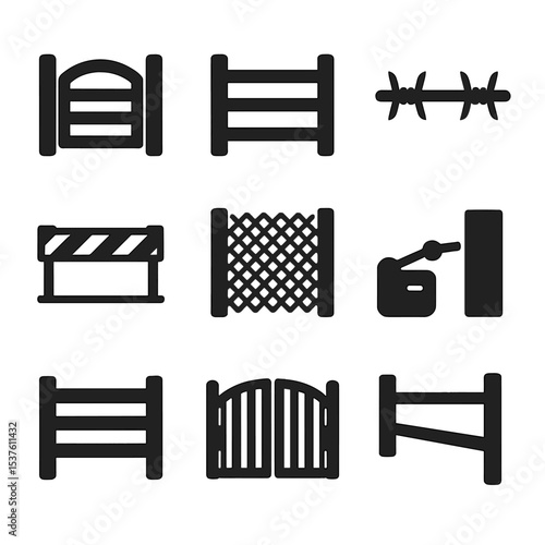Fencing Icons Grid. Solid, filled icons set of commercial and agricultural fencing: ranch gate, livestock