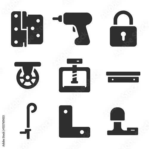 Gate Hardware Icons. Solid, filled icons set of gate installation tools and hardware: gate hinge, screw gun,