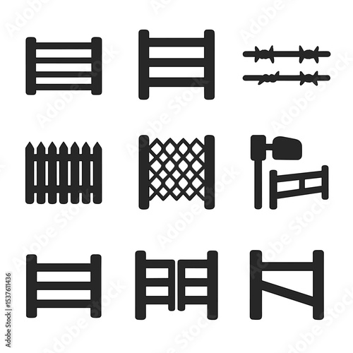 Fencing Icons Grid. Solid, filled icons set of commercial and agricultural fencing: ranch gate, livestock