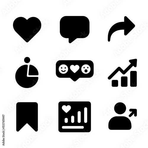 Social Media Engagement Icons. Solid, filled icons set of engagement performance review: likes icon, comments