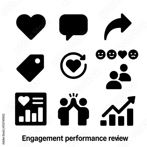 Social Media Engagement Icons. Solid, filled icons set of engagement performance review: likes icon, comments