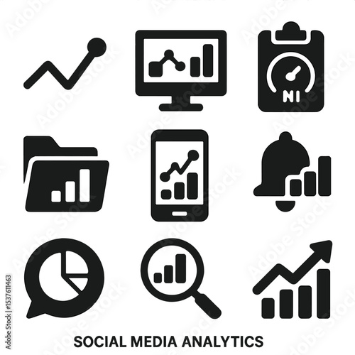 Social Media Analytics Icons. Solid, filled icons set of social media analytics tools: graph icon, dashboard