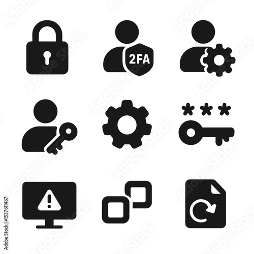 Profile Security Icons. Solid, filled icons set of profile security and settings: lock icon, two-factor badge,