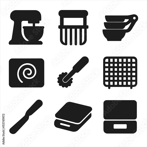 Modern Baking Tools Icons. Solid, filled icons set of baking tools and equipment: stand mixer, pastry cutter,