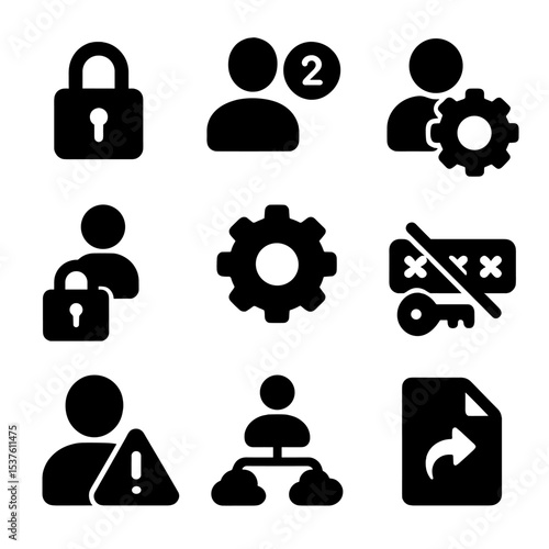 Profile Security Icons. Solid, filled icons set of profile security and settings: lock icon, two-factor badge,