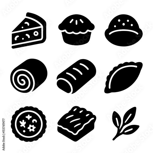 Savory Pastry Icons. Solid, filled icons set of savory pastry types: quiche slice, meat pie, cheese puff,