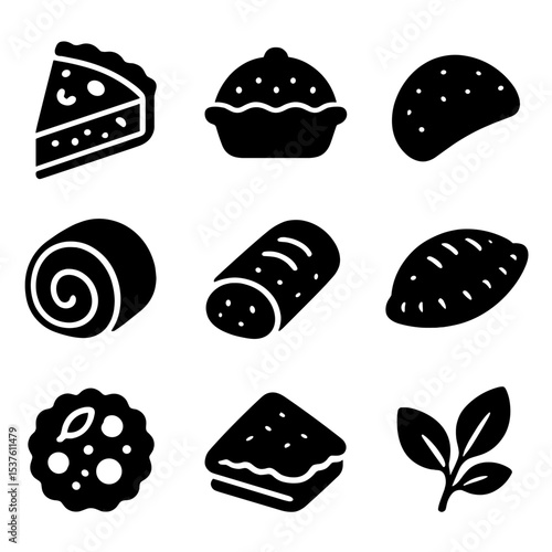 Savory Pastry Icons. Solid, filled icons set of savory pastry types: quiche slice, meat pie, cheese puff,