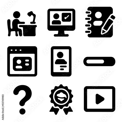 Remote Learning Icons. Solid, filled icons set of remote learning for students: study desk, online assignment,