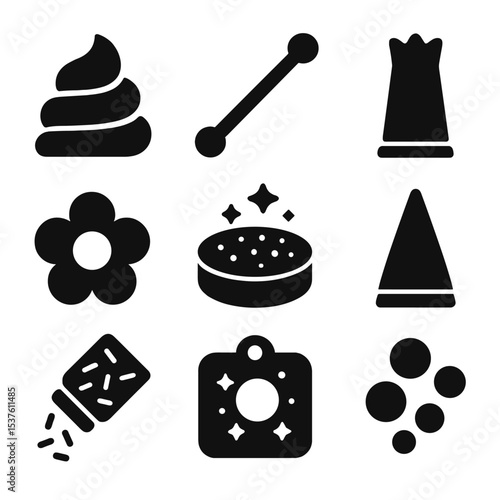 Cake Decoration Icons. Solid, filled icons set of cake and pastry decorations: frosting swirl, fondant tool,