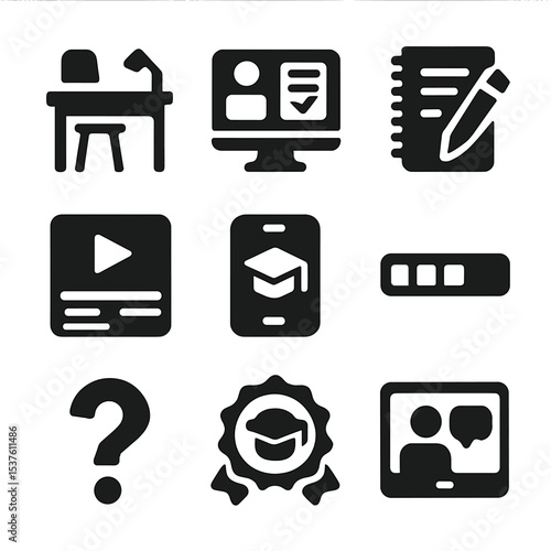 Remote Learning Icons. Solid, filled icons set of remote learning for students: study desk, online assignment,