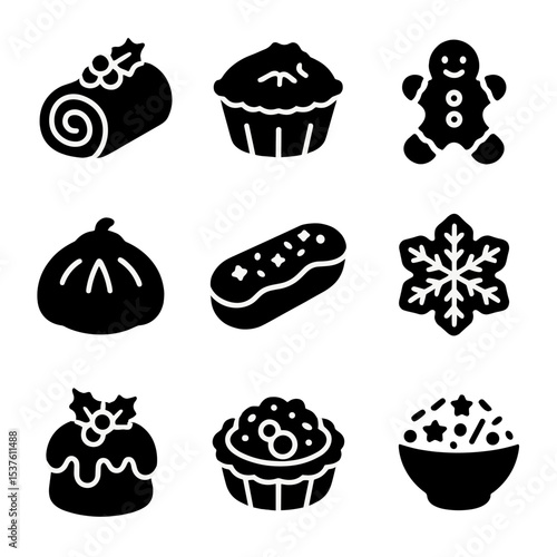 Holiday Pastry Icons. Solid, filled icons set of holiday pastries and desserts: yule log, mince pie,