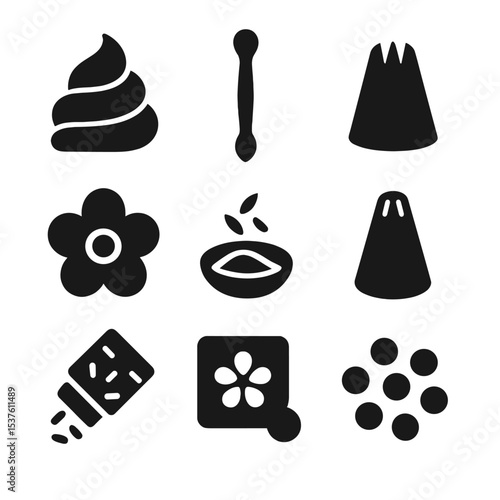 Cake Decoration Icons. Solid, filled icons set of cake and pastry decorations: frosting swirl, fondant tool,