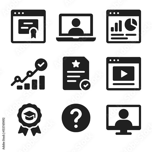 Online Education Icons. Solid, filled icons set of online education platforms: course portal, student login,