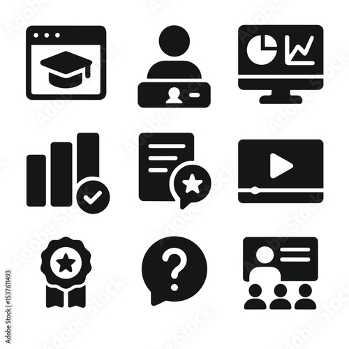 Online Education Icons. Solid, filled icons set of online education platforms: course portal, student login,