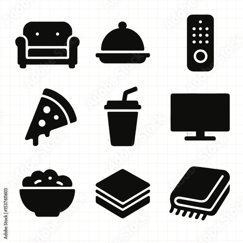Couch Eating Icon Set. Solid, filled icons set of eating on the couch: couch icon, food tray, remote control,