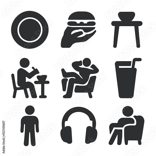 Solo Dining Icons. Solid, filled icons set of solo dining moments: one plate, handheld meal, side table,