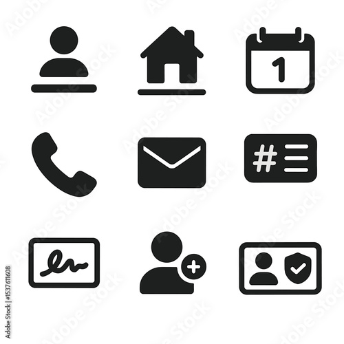 Policy Information Icons. Solid, filled icons set of policyholder information sections: name field, address