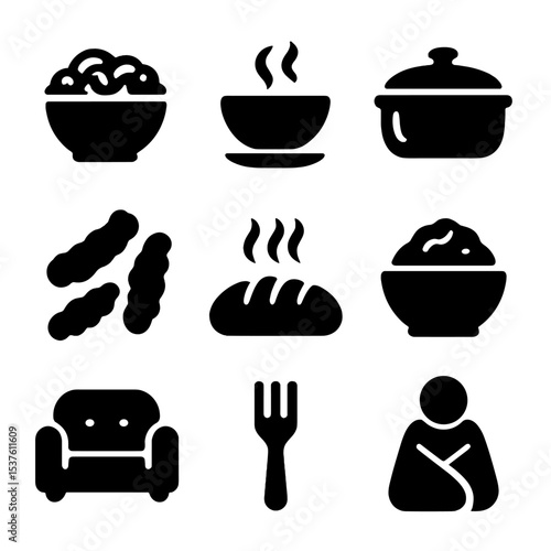 Comfort Food Icons. Solid, filled icons set of comfort food at home: mac and cheese, soup bowl, casserole dish